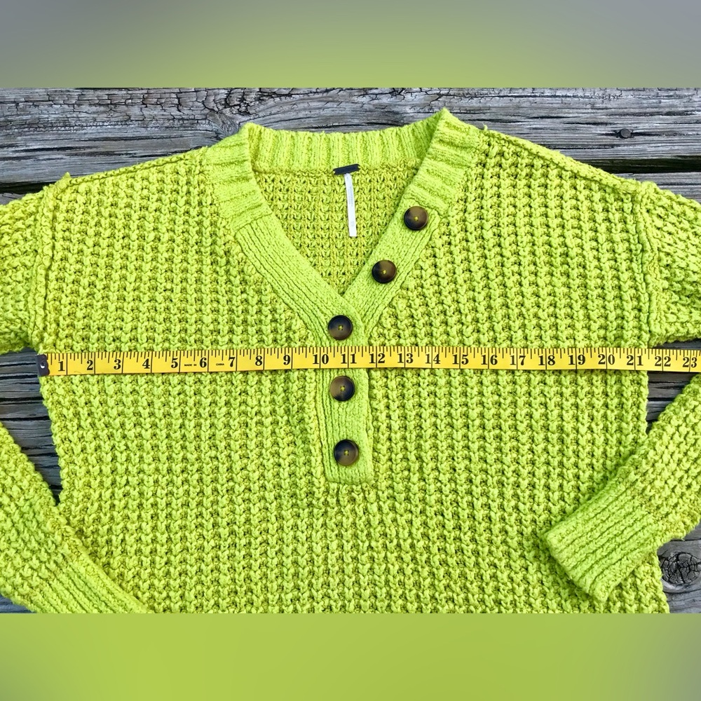 FREE PEOPLE Lime Green Whistle Thermal Henley Button Sweater Top Pullover V Neck - Picture 6 of 13